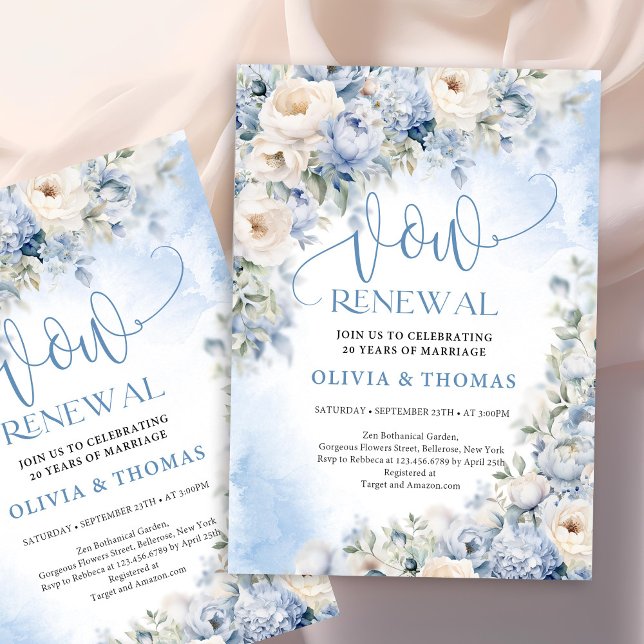 Winter Dusty Blue och Ivory Flowers vow förnyelse Inbjudningar (Chic watercolor dusty blue and ivory flowers vow renewal invitation)