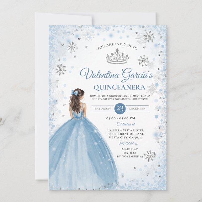 Winter Dusty Blue Quinceañera 15 Anos Snowflakes Inbjudningar (Framsida)