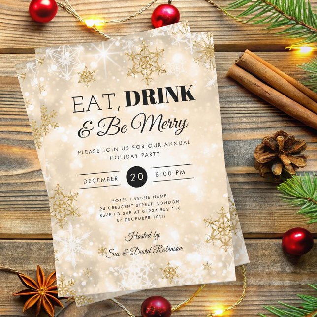 Winter "Eat & Drink" Guld Helgdag jul Party Inbjudningar (Winter "Eat & Drink" Gold Holiday Christmas Party Invitation)