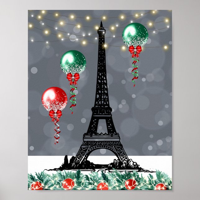 Winter Eiffel Torn, Natt, julballonger Poster (Framsidan)