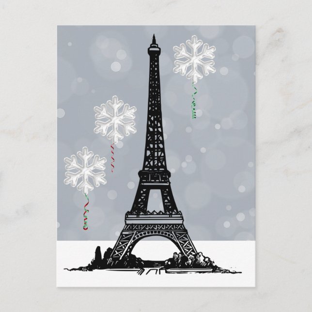 Winter Eiffel Torn, Snowflake Balloons jul Helg Vykort (Framsida)
