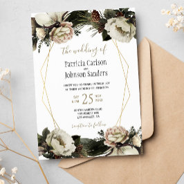 Winter elegant blommigt guld geometriska bröllop inbjudningar