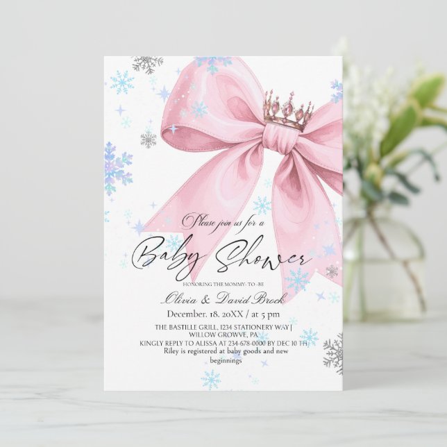 Winter Elegant Pink Bow Baby Shower Inbjudningar (Stående Fram)
