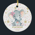 Winter Elephant 1:a jul Snowflake Flicka Julgransprydnad Keramik<br><div class="desc">Denna vackra julprydnad är en vattenfärgad illustration av en vacker elefantflicka från baby,  omgiven av glitter rosa,  guld och silver snöflingor. Texten fält är helt redigerbar.</div>