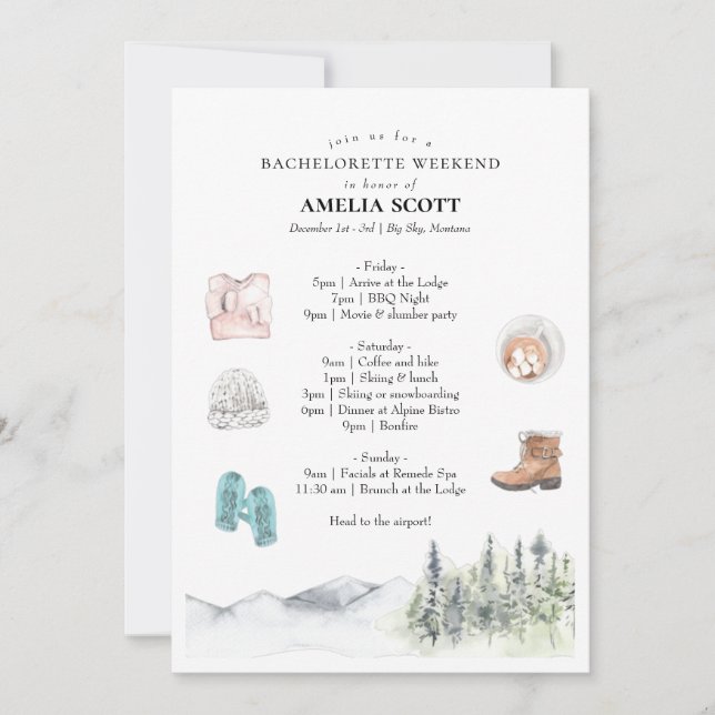 Winter eller Mountain Bachelorette Itinerary Inbjudningar (Framsida)