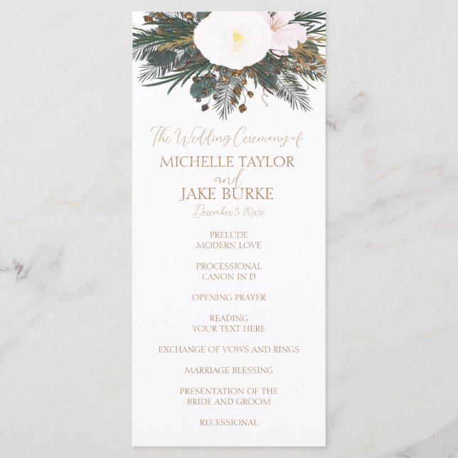 Winter Evergreen Bröllop Ceremony-programmet Program (Framsida)