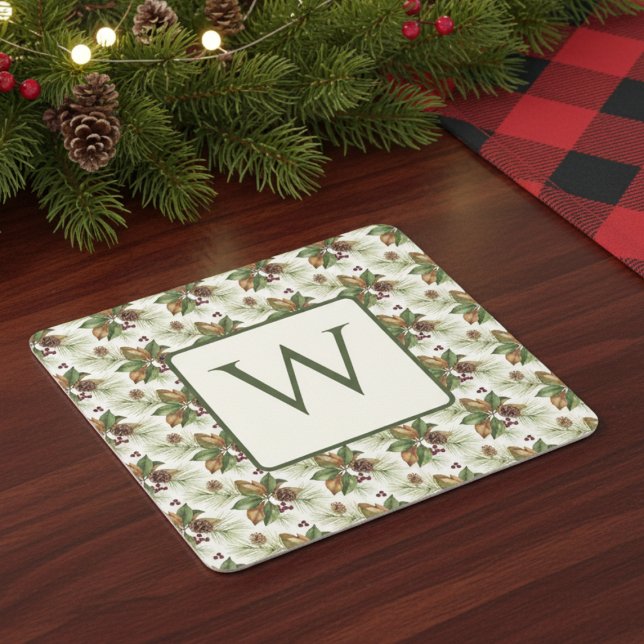 Winter Evergreen Pinecone Botanical Monogram Underlägg Papper Kvadrat (Holiday monogram drink coaster)