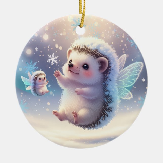 Winter Fairy Hedgehogs  – Cute Snowflake  Julgransprydnad Keramik (Framsidan)