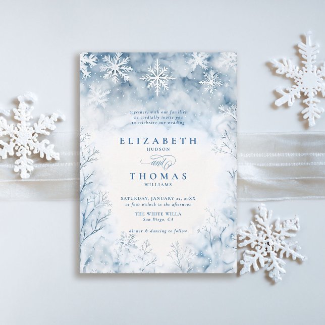 Winter Falling Snö Forest Rustic Elegant bröllop Inbjudningar (winter wedding invitation elegant white falling snow rustic elegant forest frozen trees watercolor)