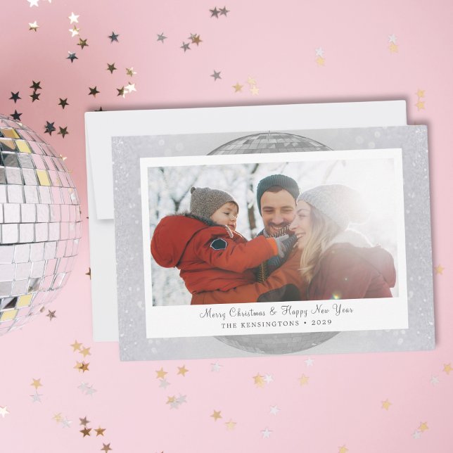 Winter-familjen Silver Glitter Julkort (Personalized Snowflake Disco Ball Christmas Card)