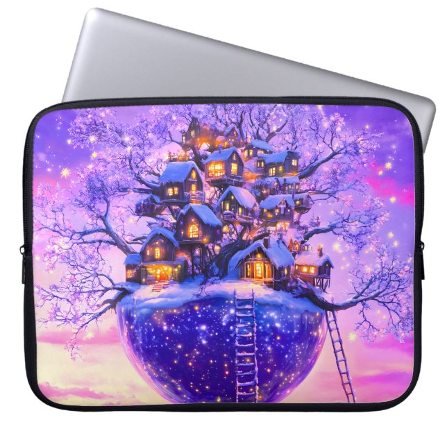 Winter Fantasy Snowy Tree Village Landscape Laptop Fodral (Framsidan)