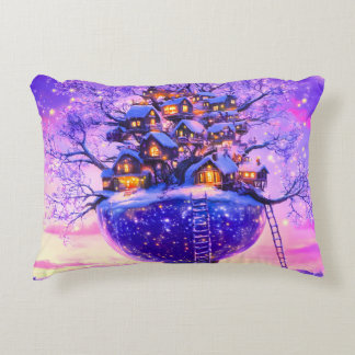 Winter Fantasy Snowy Tree Village Landscape Prydnadskudde