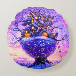 Winter Fantasy Snowy Tree Village Landscape Rund Kudde
