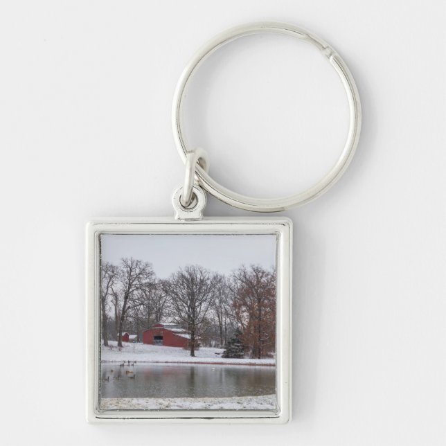 Winter Farm Pano Fyrkantig Silverfärgad Nyckelring (Framsidan)