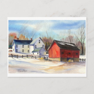Winter Farmhouse & Red Barn Vykort