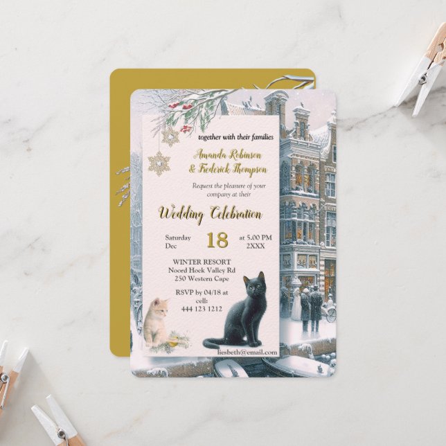 Winter Firande i Snö, med kittens Inbjudningar (Fram/Back In Situ)