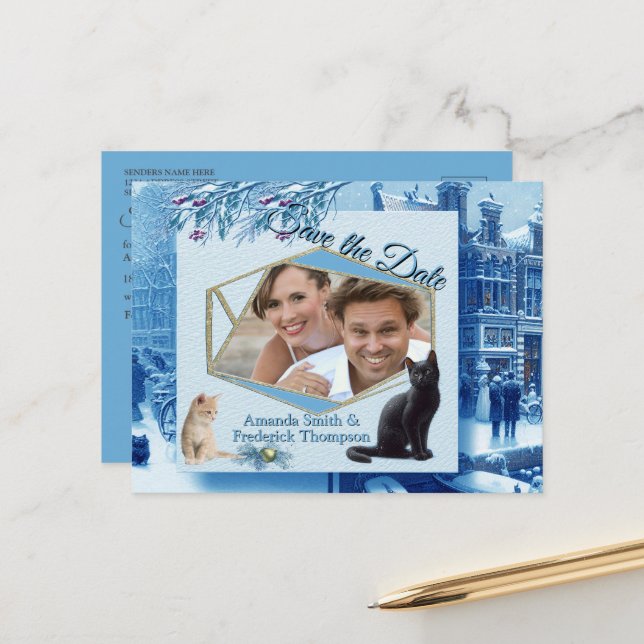 Winter Firande i Snö, med kittens Meddelande Vykort (Fram/Back In Situ)