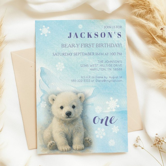 Winter First Födelsedagsfest inbjudan (Beary First Birthday Polar Bear First Birthday Invitation)