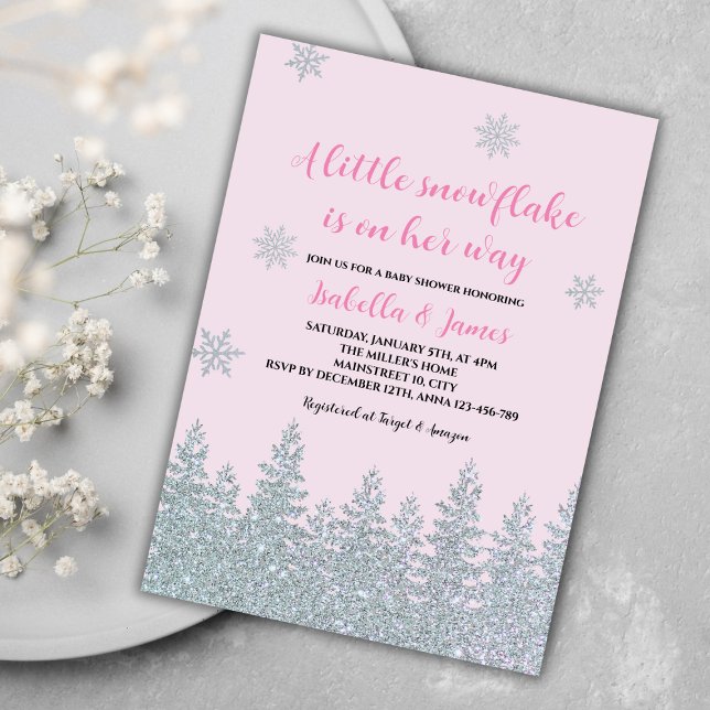 Winter Flicka Shower Woodland Little Snowflake Inbjudningar (winter baby girl shower invitation pink woodland silver glitter little snowflake on the way)