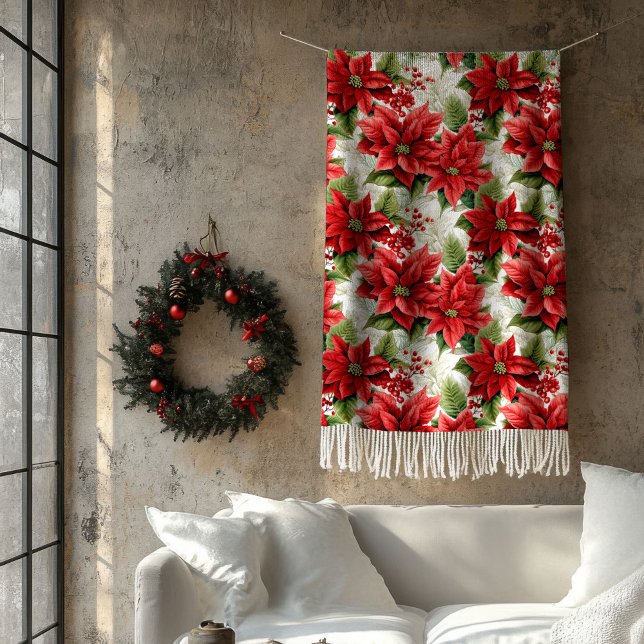Winter Floral Blanket Red Poinsettia Home Gift Fleecefilt (Winter Floral Blanket Red Poinsettia Home Gift)
