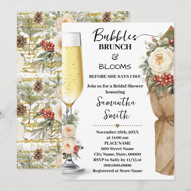 Winter Floral Bubbles Brunch & Bloom Bridal Shower Inbjudningar (Fram/baksida)