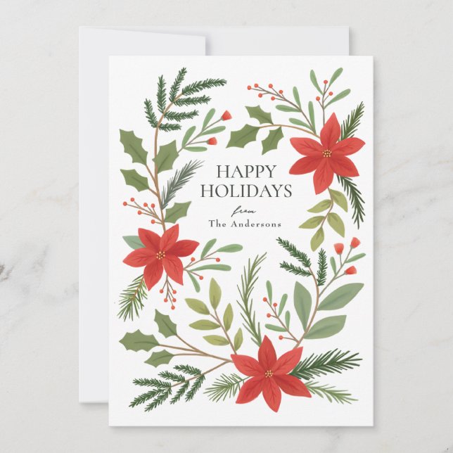 Winter Floral Pointsettia Greenery Holiday Card Julkort (Framsida)