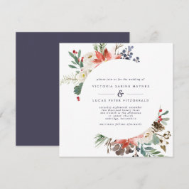 Winter Flowers and Berries Red and Navy Bröllop Inbjudningar