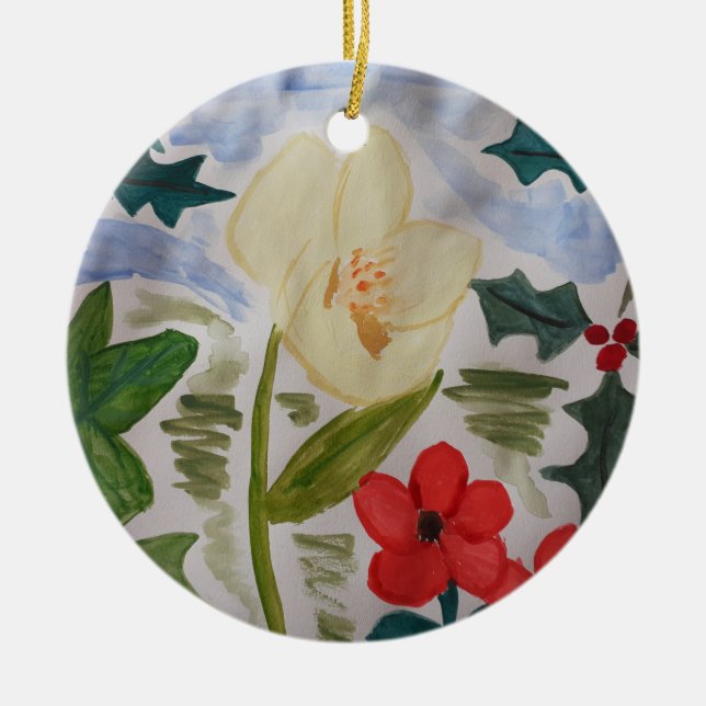 Winter Flowers & Holly Ceramic Ornament (Framsidan)