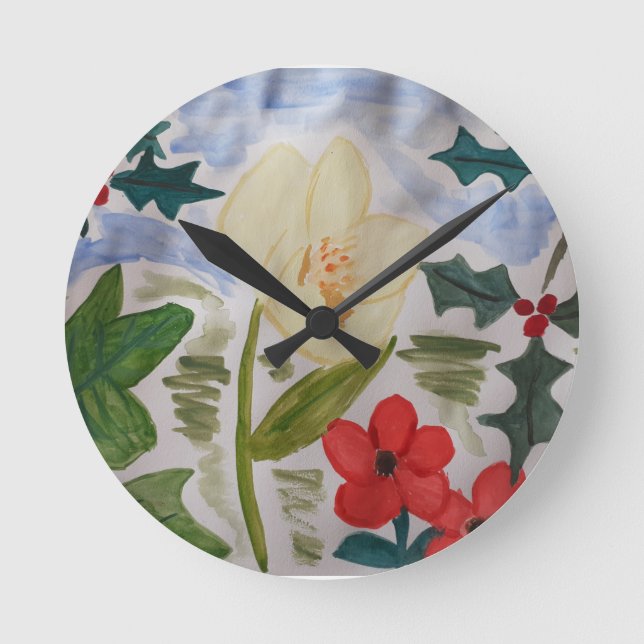 Winter Flowers & Holly Clock Rund Klocka (Framsida)