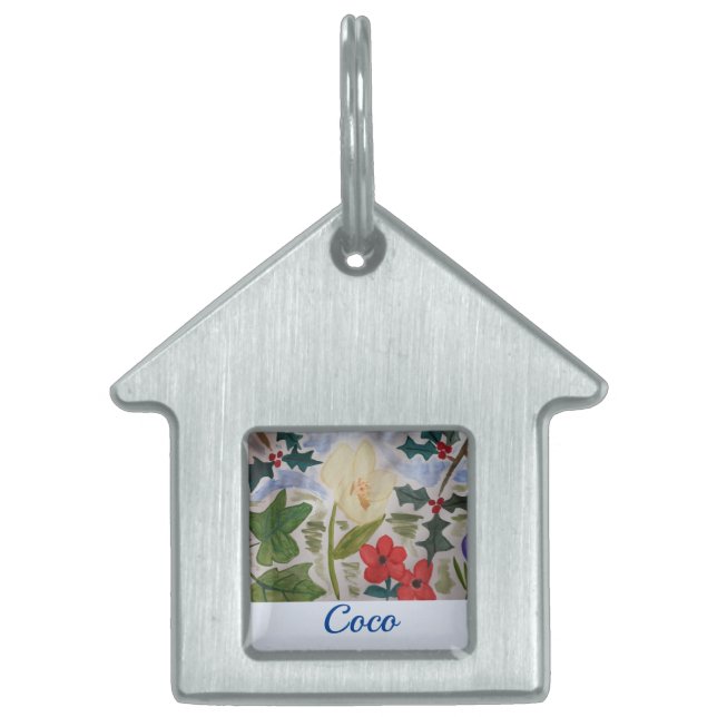 Winter Flowers & Holly Pet Tag ID-bricka Husdjur (Framsidan)