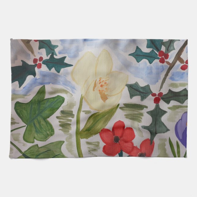 Winter Flowers & Holly Tea Towel Kökshandduk (Horisontell)