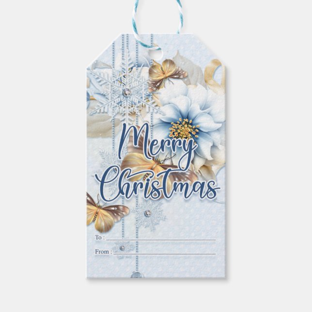 Winter Flowers och Butterflies God jul Presentetikett (Framsidan)