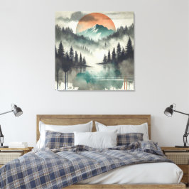 Winter Fog Mountain Forest Landcape Orange sol Canvastryck