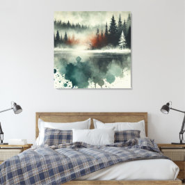 Winter Fog Mountain Forest med Red Sunset Accent Canvastryck