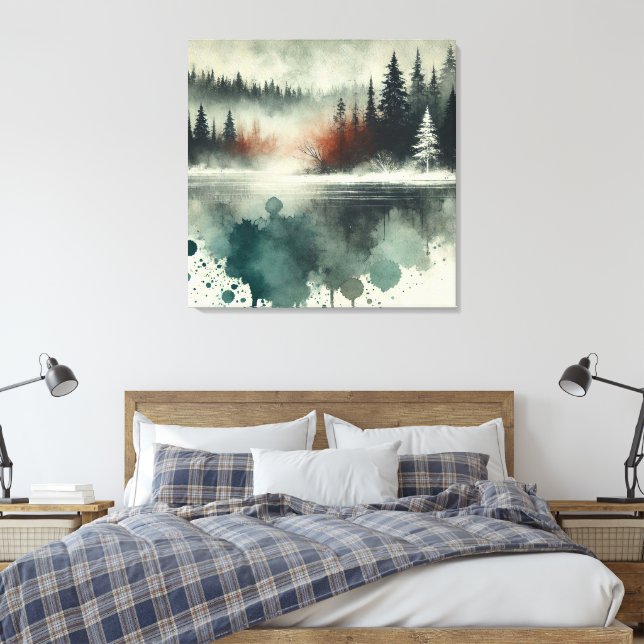 Winter Fog Mountain Forest med Red Sunset Accent Canvastryck (Insitu (sovrum))