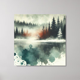 Winter Fog Mountain Forest med Red Sunset Accent Canvastryck