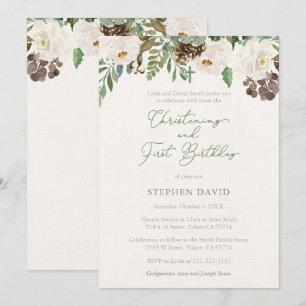 Winter Foliage Boy Christening 1st Birthday Party Inbjudningar