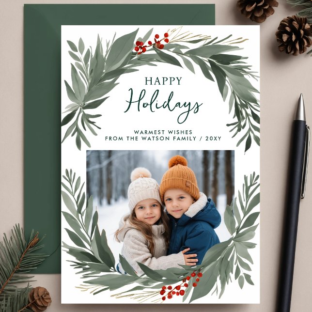 Winter Foliage Greenery Glad helg Photo Julkort (Winter Foliage Greenery Happy Holidays Photo Holiday Card)