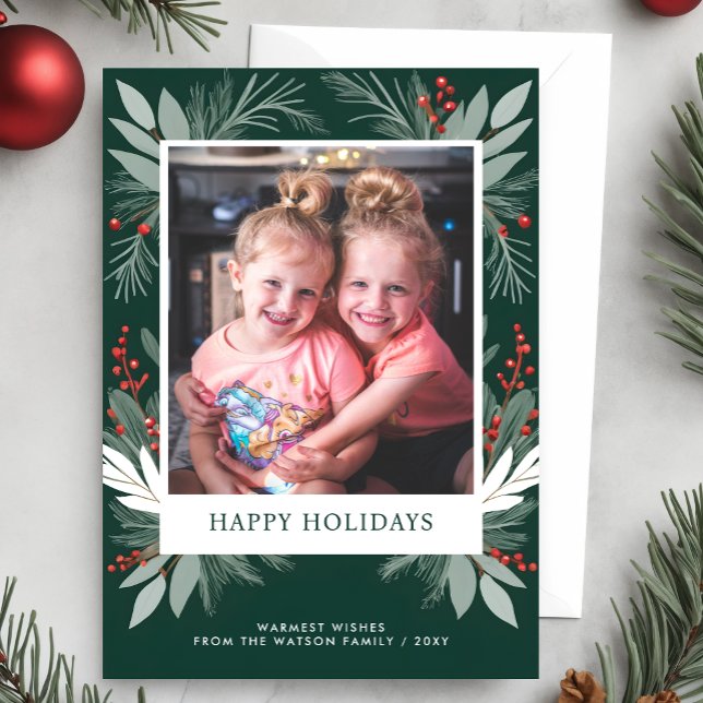 Winter Foliage Greenery Glad helg Photo Vykort (Winter Foliage Greenery Happy Holidays Photo Holiday Card)