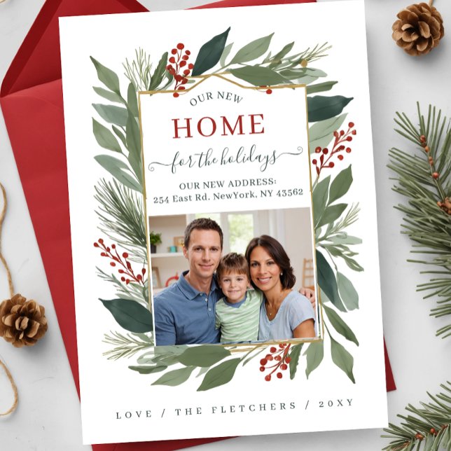 Winter Foliage New Home for Helgdagars Photo Flytt Helg Vykort (Winter Foliage New Home for Holidays Photo Moving Holiday Card)