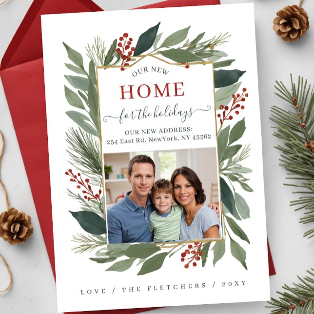 Winter Foliage New Home for Helgdagars Photo Flytt Julkort (Winter Foliage New Home for Holidays Photo Moving Holiday Card)