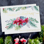 Winter Foliage Poinsettia Watercolor Garland Guld<br><div class="desc">Personlig julkort med elegant-kalligrafi i lyxfolie av guld och söt vinterträdgård av blommigt i vattenfärg. Denna traditionella vintergröna utformning har potatis med vintern blad,  bär och gräs. God jul är handskrivet och knutet till ett kärlek-hjärta. På baksidan finns en julkrans med gräs-koner och holly.</div>