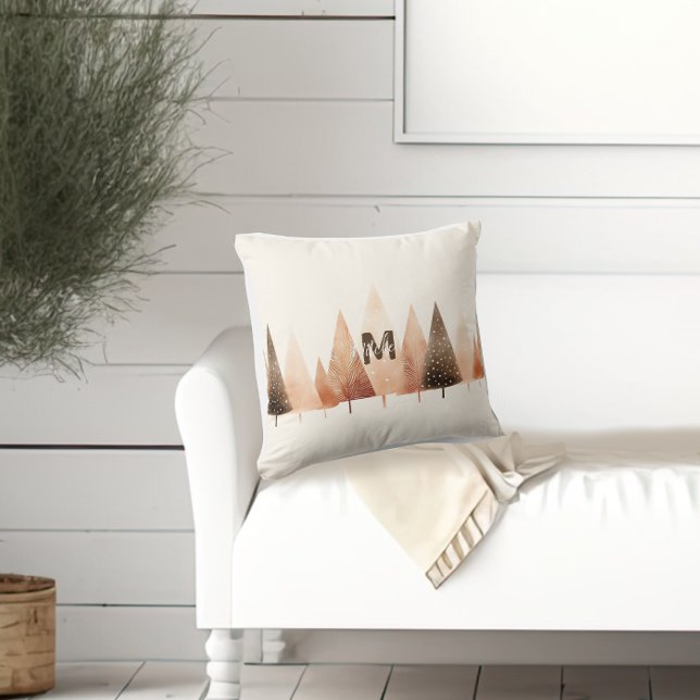 Winter Forest Beige Watercolor Monogram Kudde (Skapare uppladdad)