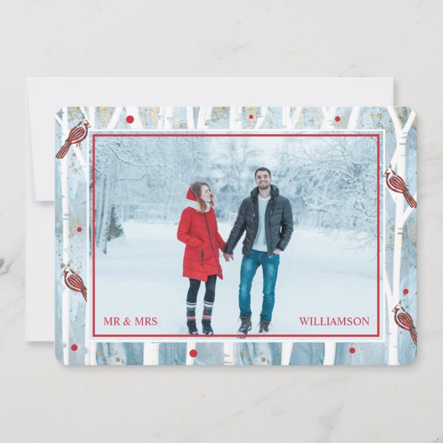 Winter Forest Birch Träd & Red Cardinal Photo Julkort (Framsida)