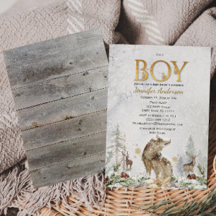 Winter Forest Boy Land Varg Hjort Baby Shower Inbjudningar