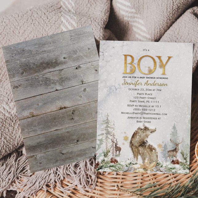 Winter Forest Boy Land Varg Hjort Baby Shower Inbjudningar (Skapare uppladdad)