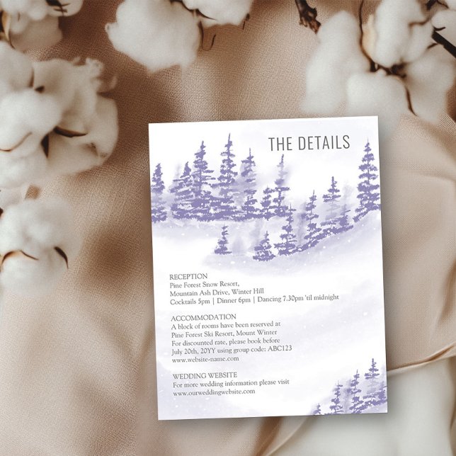 Winter Forest Bröllop Information Lavender Waterco Tilläggskort (Wedding Details enclosure card from my Winter Forest Lavender Wedding Collection)