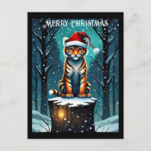 Winter Forest Cute Baby Tiger Santa jul