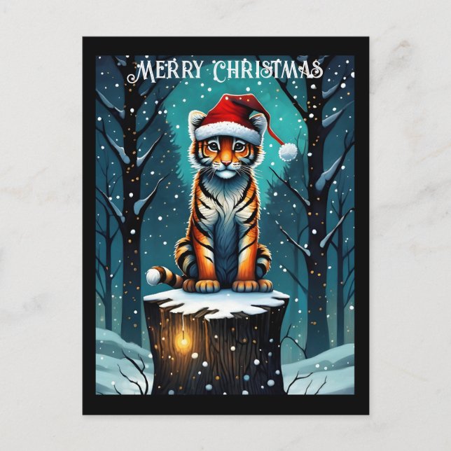 Winter Forest Cute Baby Tiger Santa jul Vykort (Framsida)