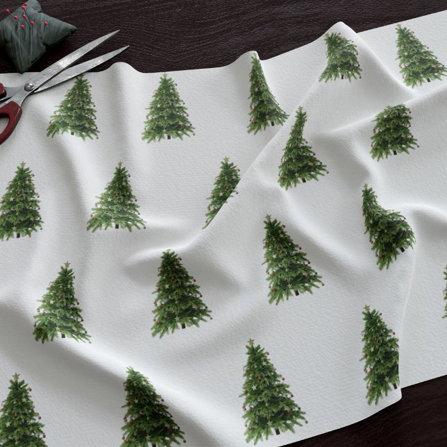 Winter Forest Grönt Julgran Mönster White Tyg (Fun and festive Christmas tree pattern fabric just for you)